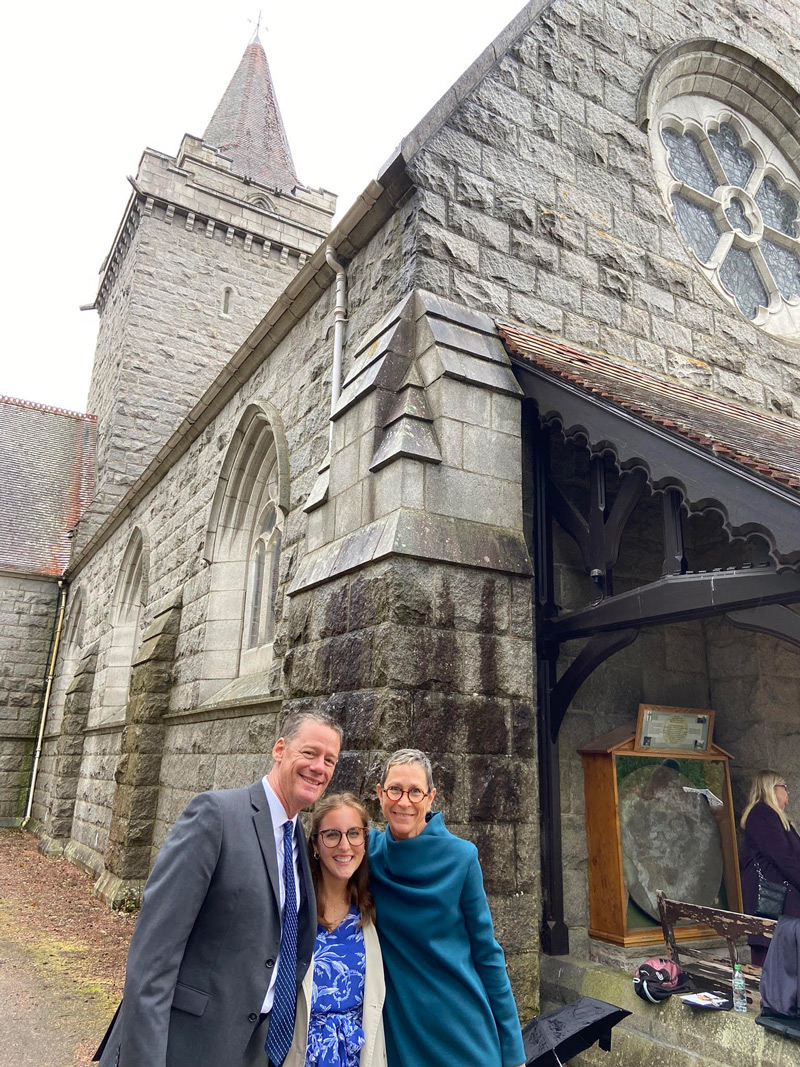 Graduate student Sarah Wojcik, pictured in Scotland with Paul Head and his wife, Carol, sang for Prince Charles, now the King of England, at an annual celebration of Scottish heritage. Graduate student Sarah Wojcik, pictured in Scotland with Paul Head and his wife, Carol, sang for Prince Charles, now the King of England, at an annual celebration of Scottish heritage.