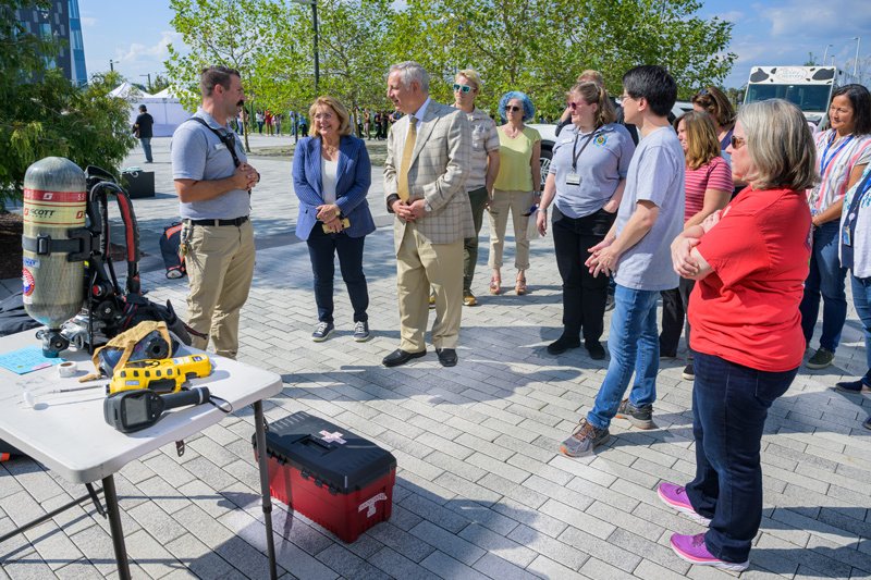 UD President Dennis Assanis and First Lady Eleni Assanis heard from members of the Environmental Health and Safety unit during the Ammon Pinizzotto Biopharmaceutical Center safety retreat held on Sept. 20.