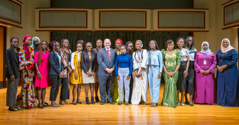 U.S. Sen Chris Coons met with students participating in the Madeleine K. Albright Young Women Leaders Program at UD.