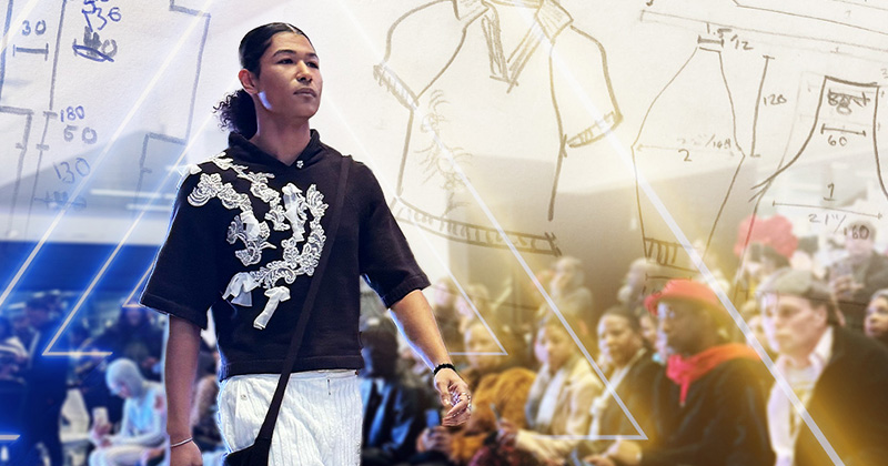 Model Alexander Hideo Gabriel walks the runway at the Next Up Designer Showcase held during Philly Fashion Week wearing garments made from a re-knit cardigan and pre-sold fabrics designed by UD fashion and apparel student Casey Tyler.