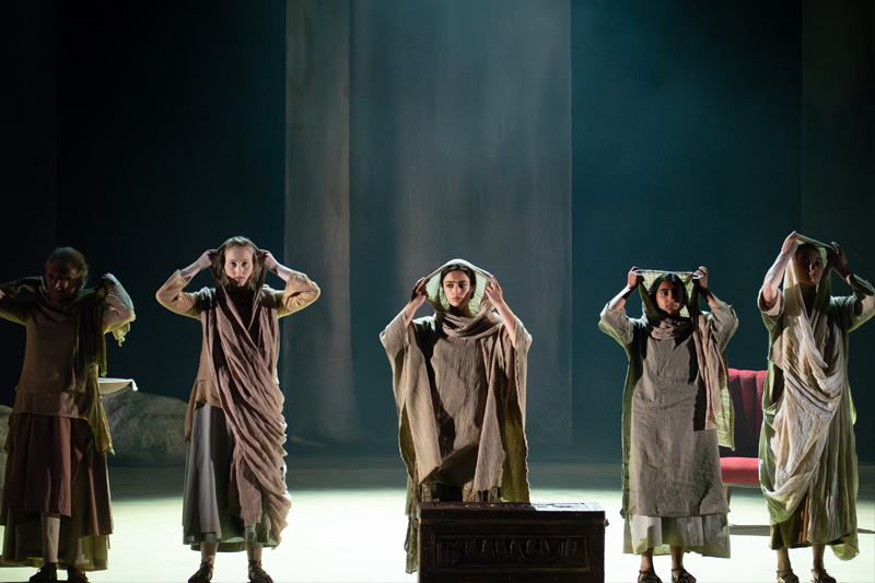 UD students Diane Counts, Amanda Herpel, Charlotte Kalilec, Esha Shah and Jenny Ziegler performed as the chorus in the spring 2023 REP production of the Euripides’ Greek tragedy “Medea.”