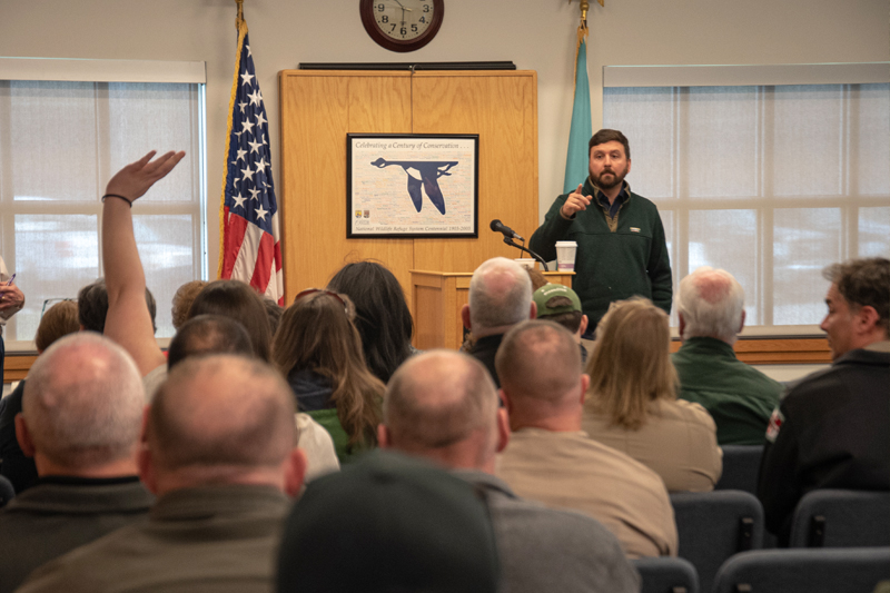 Secretary Josh Kurtz leads a town hall with DNR employees in March 2023.