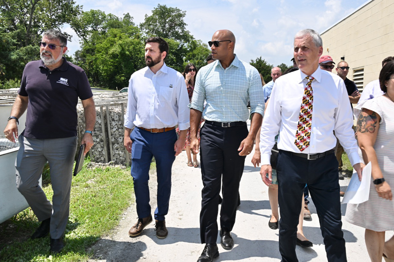 Kurtz with Governor Wes Moore as they view oyster hatchery operations at the Horn Point Laboratory in Cambridge Maryland.