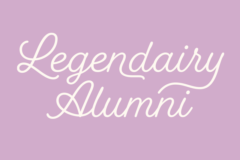 Cursive text that says "legendairy alumni" over a pink background.