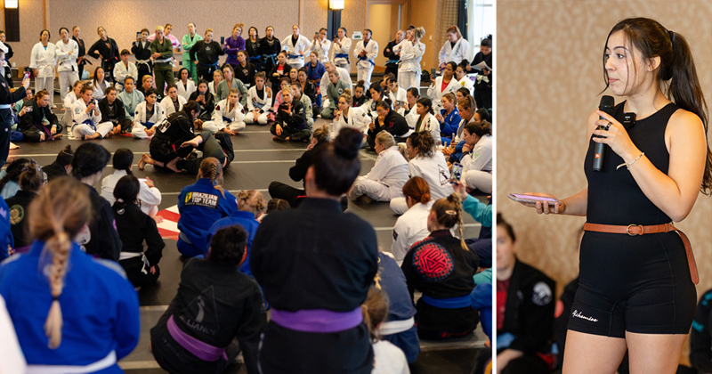 UD alumna Maya Nazareth speaks at a women’s jiu-jitsu event hosted by Alchemize Fightwear. Events like this women’s grappling camp are a key way Alchemize Fightwear builds its brand and creates a community for women in jiu-jitsu. 