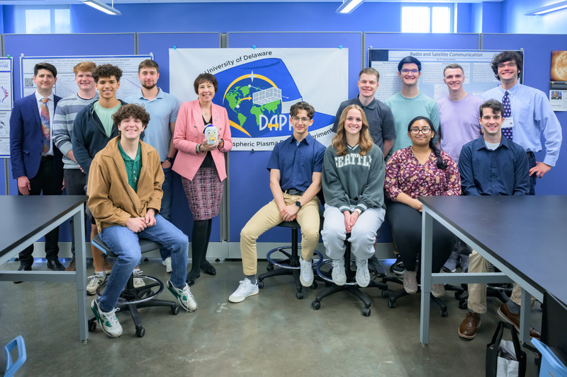 NASA’s Nicky Fox visited the new Delaware Space Observation Center, directed by Professor Bennett Maruca, and fielded many questions from students. NASA recently selected a satellite mission developed by Maruca’s students for launch in 2026 and Fox got a team photo in front of the DAPPEr Mission logo.