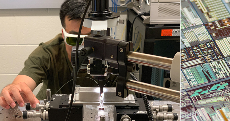 Doctoral alumnus Zi Wang, who is now a postdoctoral researcher at the National Institute of Standards and Technology (NIST), uses optics equipment in Gu’s lab at DuPont Hall. 
