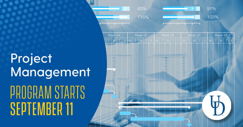 Graphic announcing the start date of a project management course, displayed over a photo montage featuring charts, graphs, and people collaborating in an office setting.