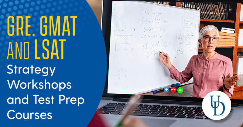 Online instructor demonstrating solution to complex math problem with title "GRE GMAT LSAT Strategy Workshops and Test Prep Courses"