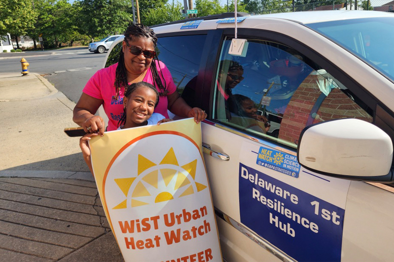 Stacey Henry, founder of the Delaware Resilience Hub, and her daughter Mylee volunteered to collect data for the 2023 WiST (Wilmington and Surrounding Townships) Heat Watch campaign. Coordinated by UD’s Climate Hub, the campaign collected data via vehicle-mounted thermometric sensors designed to record air temperature and humidity. 