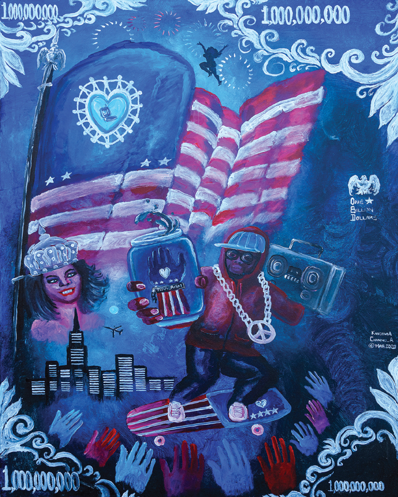 Oil painting of a conceptual one billion dollar bill with a modified US flag, skyline, a person on a skateboard with a boom box and hands reaching