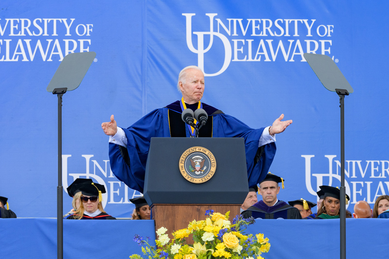 Joseph R. Biden Jr., the 46th president of the United States and a UD alumnus, delivered the Commencement address on May 28, 2022, the second time in University history that a sitting president came to campus. Joseph R. Biden Jr., the 46th president of the United States and a UD alumnus, delivered the Commencement address on May 28, 2022, the second time in University history that a sitting president came to campus.