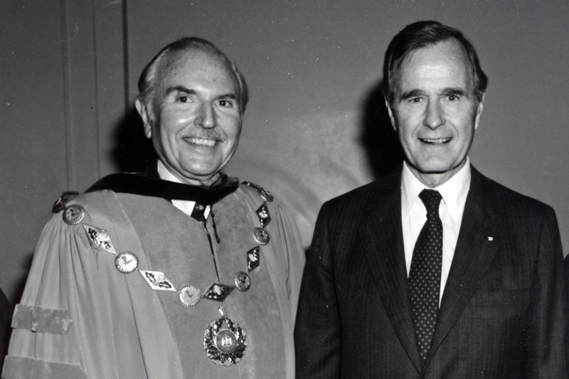 George H.W. Bush, then vice president, spoke at the Founders Day celebration on Nov. 5, 1983, commemorating the 150th anniversary of the founding of the educational institution to which the University traces its roots. He is pictured with UD President E. Arthur Trabant.