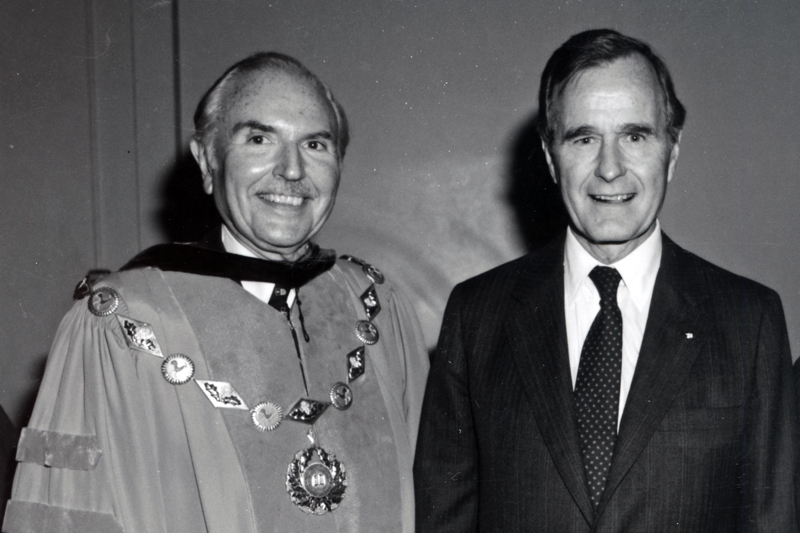 George H.W. Bush, then vice president, spoke at the Founders Day celebration on Nov. 5, 1983, commemorating the 150th anniversary of the founding of the educational institution to which the University traces its roots. He is pictured with UD President E. Arthur Trabant. George H.W. Bush, then vice president, spoke at the Founders Day celebration on Nov. 5, 1983, commemorating the 150th anniversary of the founding of the educational institution to which the University traces its roots. He is pictured with UD President E. Arthur Trabant.