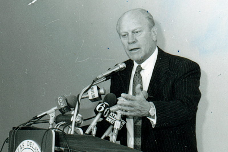 Former President Gerald R. Ford presented a lecture titled “Our Constitution: The White House and the Congress” on Jan. 22, 1987, the first event in the University’s yearlong celebration of the 200th anniversary of the U.S. Constitution. 