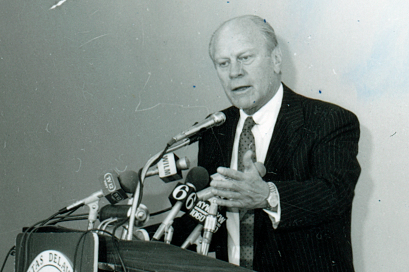 Former President Gerald R. Ford presented a lecture titled “Our Constitution: The White House and the Congress” on Jan. 22, 1987, the first event in the University’s yearlong celebration of the 200th anniversary of the U.S. Constitution. Former President Gerald R. Ford presented a lecture titled “Our Constitution: The White House and the Congress” on Jan. 22, 1987, the first event in the University’s yearlong celebration of the 200th anniversary of the U.S. Constitution.