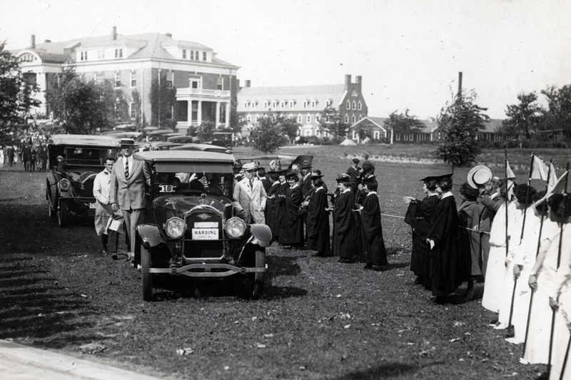 Pictured, Warren G. Harding spoke briefly to students, trustees, faculty and community members following the Women’s College Commencement Ceremony in 1923.