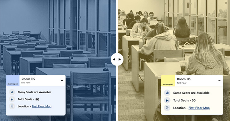 An empty room with a blue overlay and a more populated room with a yellow overlay.