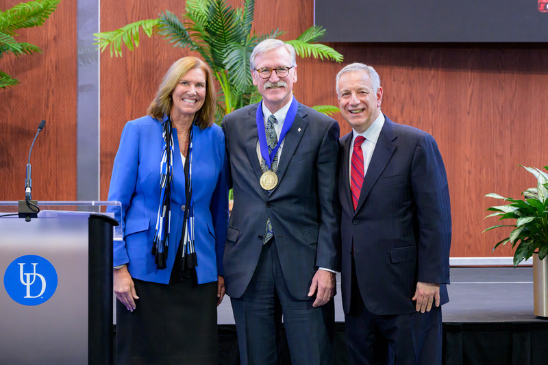 The University of Delaware Medal of Distinction was presented to Trustee Jim Borel, pictured with Board Chair Terri L. Kelly and UD President Dennis Assanis.