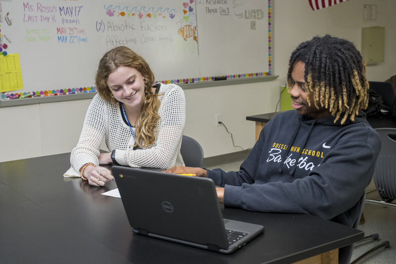 University of Delaware senior Emmie Rossi recently completed her student teaching at Odessa High School in Townsend, Delaware, where she taught earth and space science. Rossi, pictured with an Odessa High School student, said that with teaching, every day is different.