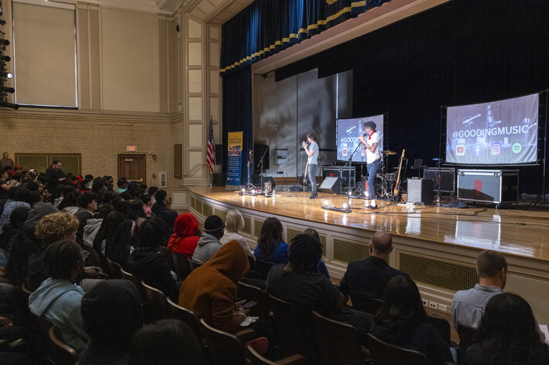 Rock group Gooding plays at Howard High School of Technology on April 17. Steven Gooding’s nonprofit Funding the Future promotes financial literacy in schools around the country. 