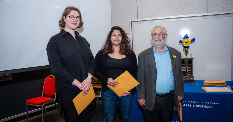 From left to right, first place winner Nadya Ellerhorst, a senior international relations and Russian studies major; second place winner Susan Aramony, a senior majoring in communication with a media concentration; and honorable mention Richard Plotzker, an Osher Lifelong Learning student.