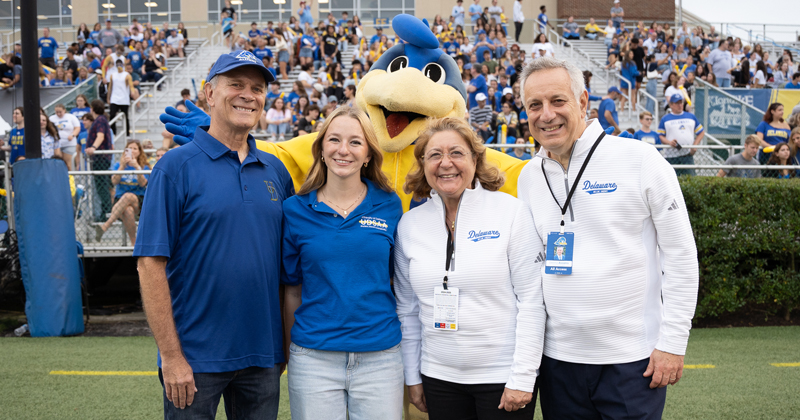 Kerri Oliver (second from left), a senior actuarial sciences major, is the 2024 T. Muncy Keith Spirit Award recipient. She is pictured with alumnus Bill Luzier, Eleni Assanis and UD President Dennis Assanis. Kerri Oliver (second from left), a senior actuarial sciences major, is the 2024 T. Muncy Keith Spirit Award recipient. She is pictured with alumnus Bill Luzier, Eleni Assanis and UD President Dennis Assanis.