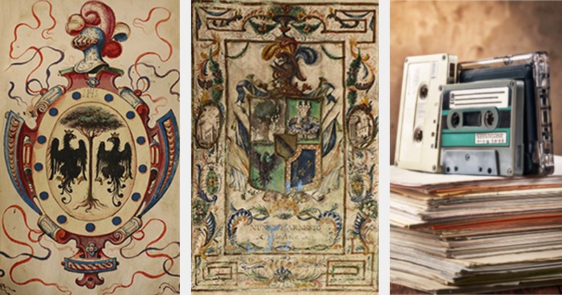An image triptych featuring from left to right the Davila and the Nuñez D. Armesto families Executory Certificates of Nobility, and an Adobe stock image of cassette tapes sitting on a stack of research papers. An image triptych featuring from left to right the Davila and the Nuñez D. Armesto families Executory Certificates of Nobility, and an Adobe stock image of cassette tapes sitting on a stack of research papers.
