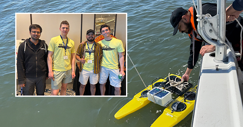 University of Delaware’s Delaware Dynamos team (from left, Shubham Shah, Alec Karmann, Rushabh Dhoke and Jared Wierzbicki) competed in the American Society of Naval Engineers Promoting Electric Propulsion competition in April. Not pictured: Andrew Bryceland. At right, Dhoke launches the team’s electric, autonomous surface vehicle.