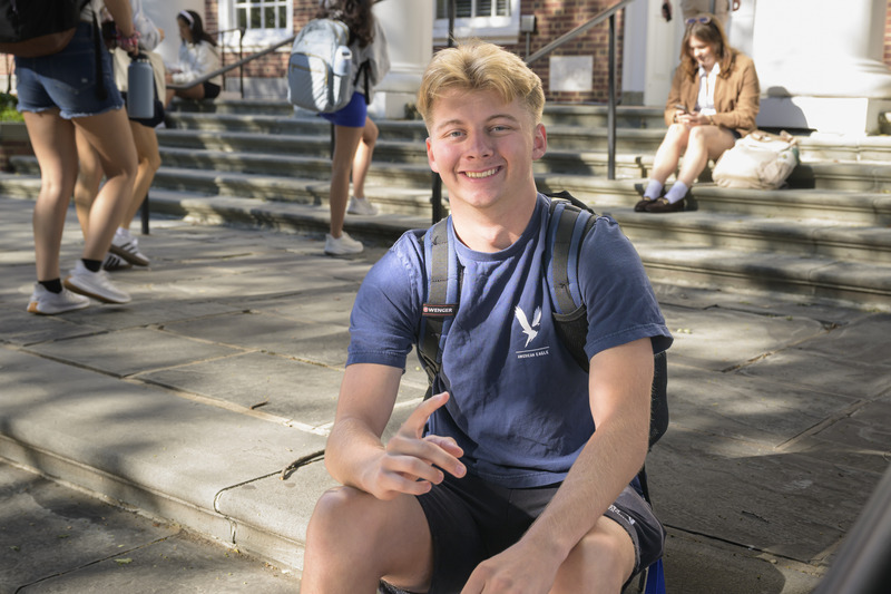 First-year student David Wimer waits for his first class in the Alfred Lerner College of Business and Economics. First-year student David Wimer waits for his first class in the Alfred Lerner College of Business and Economics.