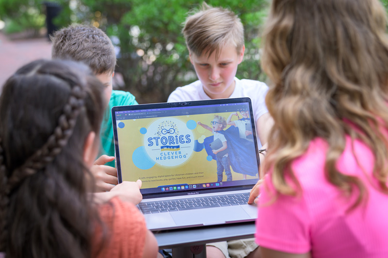 Ukrainian children explore Stories with Clever Hedgehog, a resource with free e-books, games and more for families.