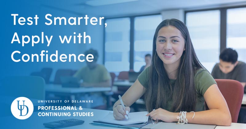 Young girl in a test-taking venue with the tagline "Test Smarter, Apply With Confidence"