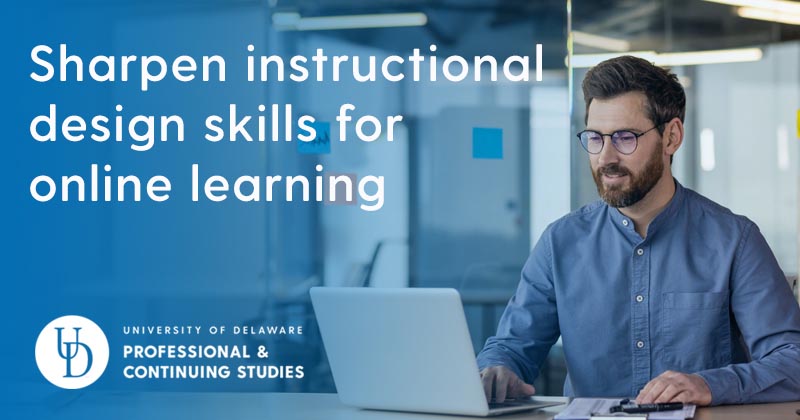 Man working on laptop in an office setting with tagline "Sharpen instructional design skills for online learning."
