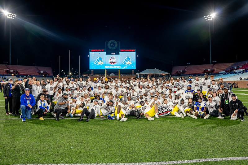 The Blue Hens celebrate their historic win after defeating Louisiana 20-13 in the 68 Ventures Bowl. 