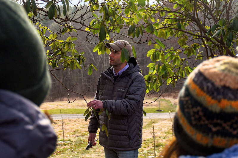 As the director of strategic horticulture partnerships for the New England Botanic Garden at Tower Hill, Richardson gave lectures to staff and volunteers. Here he speaks about caring for the garden's rhododendrons.