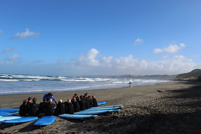 Students on the New Zealand study abroad trip learned how to play netball and rugby and took a surfing lesson with Raglan Surf School on Ngarunui Beach. Students on the New Zealand study abroad trip learned how to play netball and rugby and took a surfing lesson with Raglan Surf School on Ngarunui Beach.
