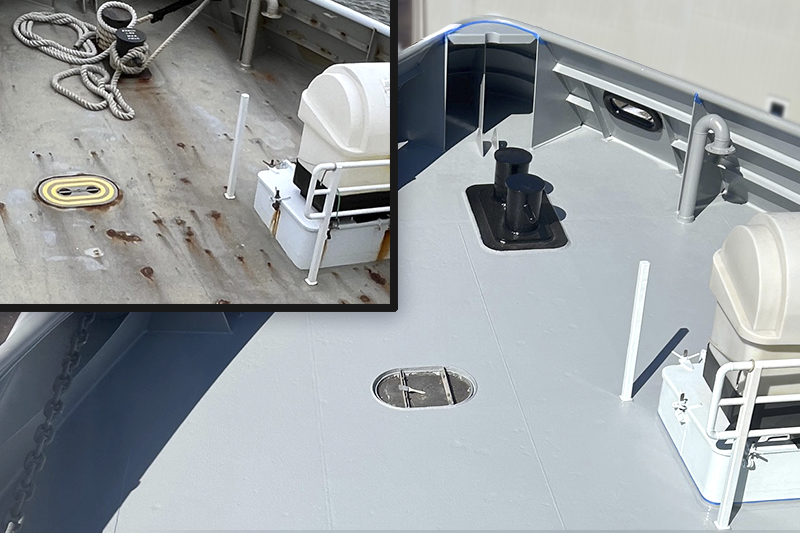 A before and after photo of the Hugh R. Sharp’s bow.