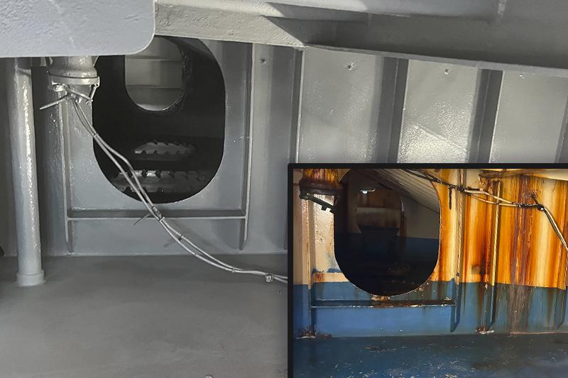 A before and after picture of the Hugh R. Sharp’s stern. 