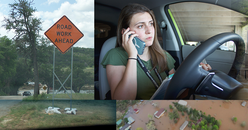 Julie Elliott, doctoral student from the University of Delaware, deployed to Kerrville, Texas, within days after the devastating flooding in July 2025 to learn how emergency agencies and community-based organizations were coordinating response efforts. Julie Elliott, doctoral student from the University of Delaware, deployed to Kerrville, Texas, within days after the devastating flooding in July 2025 to learn how emergency agencies and community-based organizations were coordinating response efforts.