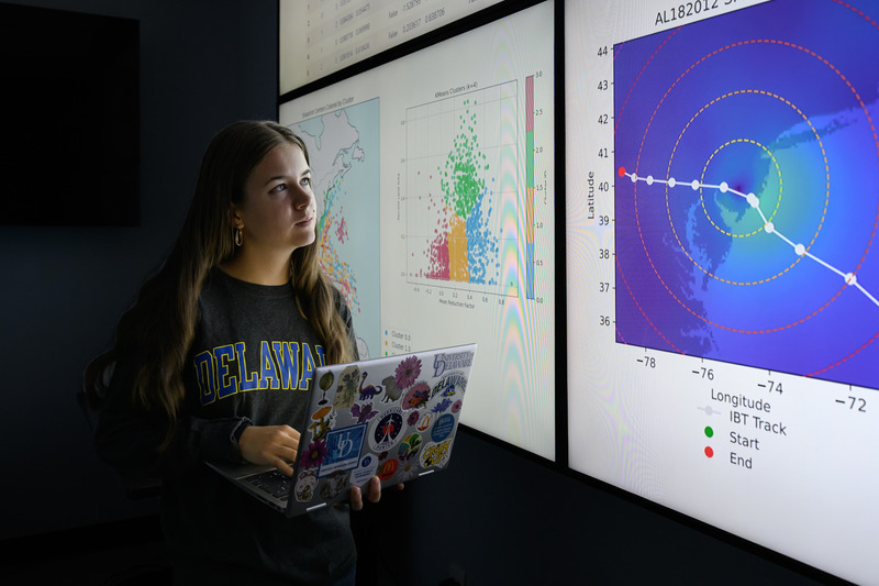 University of Delaware junior Paige Burchell, an Honors student from Jamison, Pennsylvania, is learning about the mathematical modeling that goes into weather and climate forecasting this summer, as she conducts research on the wind profiles of tropical cyclones. University of Delaware junior Paige Burchell, an Honors student from Jamison, Pennsylvania, is learning about the mathematical modeling that goes into weather and climate forecasting this summer, as she conducts research on the wind profiles of tropical cyclones.