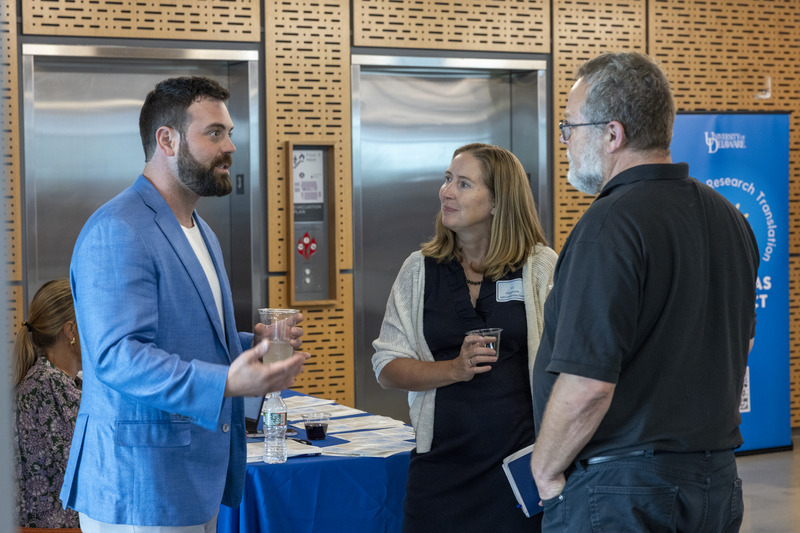 Jake Becraft, CEO and co-founder of Strand Therapeutics, (left) shared his journey from academic researcher to chief executive officer of a biotechnology company at the inaugural Accelerating Research Translation symposium, held at UD. Jake Becraft, CEO and co-founder of Strand Therapeutics, (left) shared his journey from academic researcher to chief executive officer of a biotechnology company at the inaugural Accelerating Research Translation symposium, held at UD.