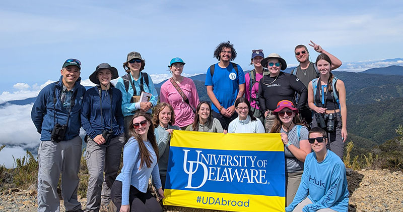 University of Delaware undergraduate students summit the Cerro de la Muerte mountain peak in Costa Rica. The location is one of the only places to observe the volcano hummingbird and the volcano junco. The study abroad courses, Conservation of Tropical Biodiversity and Debates in Conservation Biology, are offered every other January during the winter session. University of Delaware undergraduate students summit the Cerro de la Muerte mountain peak in Costa Rica. The location is one of the only places to observe the volcano hummingbird and the volcano junco. The study abroad courses, Conservation of Tropical Biodiversity and Debates in Conservation Biology, are offered every other January during the winter session.