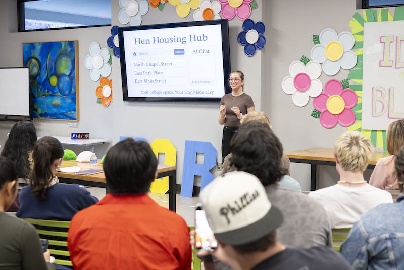 Megan Anderson, an entrepreneurship major at the University of Delaware, pitched at Horn Entrepreneurship’s Spring Pitch Party, earning second place. The first-year student said Horn’s programs for high school students inspired her to attend UD. Megan Anderson, an entrepreneurship major at the University of Delaware, pitched at Horn Entrepreneurship’s Spring Pitch Party, earning second place. The first-year student said Horn’s programs for high school students inspired her to attend UD.