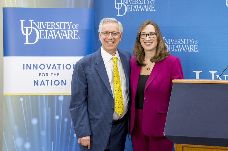 Dennis Assanis and Sarah McBride In remarks at the University of Delaware’s seventh UD Day in D.C., President Dennis Assanis thanked Delaware’s congressional delegation, including its newest member — U.S. Rep. Sarah McBride — for their consistent support of UD’s research enterprise. McBride, in turn, thanked Assanis for his “creative and visionary leadership that has taken the University of Delaware to new heights.” Assanis is stepping down from the presidency, effective at the end of June.
