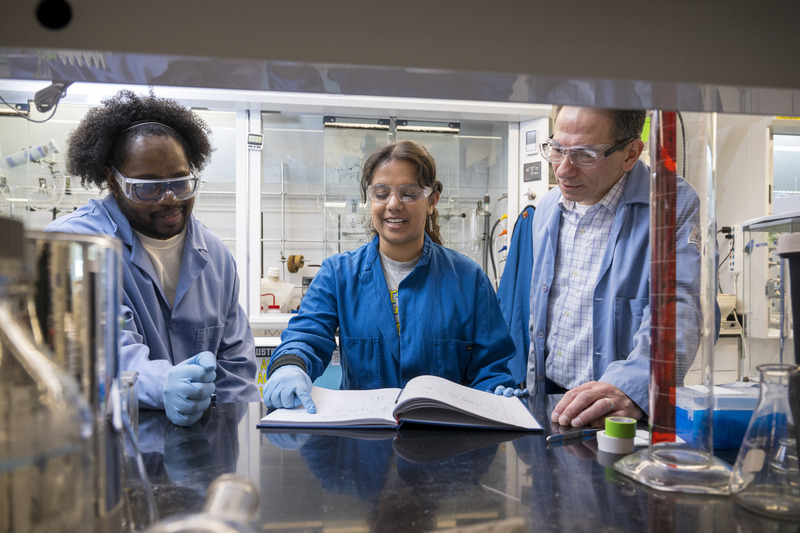 Prabhu started working as a research assistant with chemistry professor John Koh during her second semester of sophomore year through the department’s honors organic chemistry lab program. From left to right, doctoral student Michael Phillips, Prabhu and Koh. Prabhu started working as a research assistant with chemistry professor John Koh during her second semester of sophomore year through the department’s honors organic chemistry lab program. From left to right, doctoral student Michael Phillips, Prabhu and Koh.