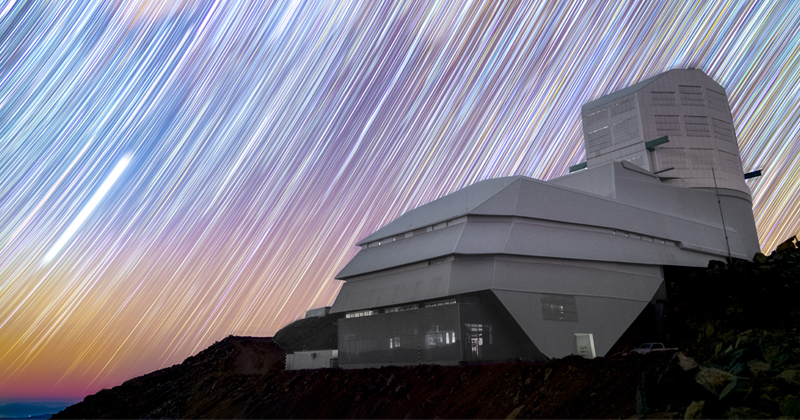 Long-exposure image of Vera C. Rubin Observatory in Chile beneath a sky full of star trails. Long-exposure image of Vera C. Rubin Observatory in Chile beneath a sky full of star trails.