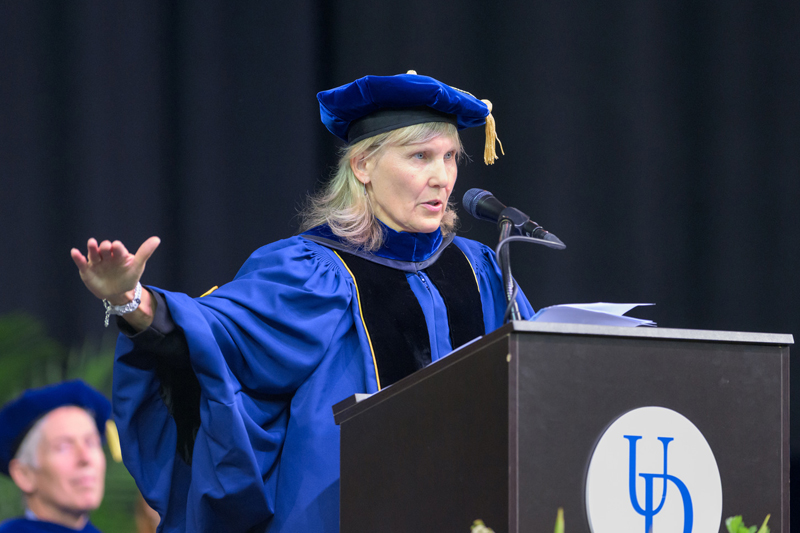 UD Provost Laura Carlson basked in the glow of all the accoutrements that accompanied the Doctoral Hooding Ceremony, including the bagpipes, procession, robes, caps and hoods. UD Provost Laura Carlson basked in the glow of all the accoutrements that accompanied the Doctoral Hooding Ceremony, including the bagpipes, procession, robes, caps and hoods.