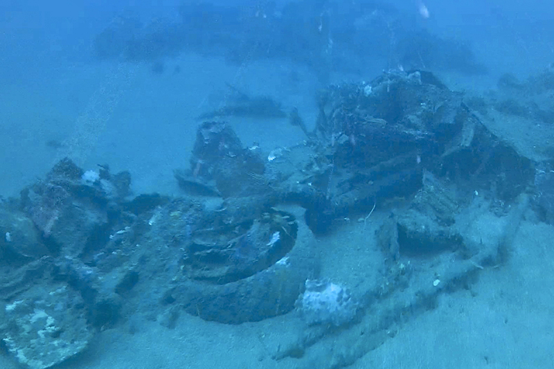 The researchers spent about 20 days scanning the seafloor. This photo, taken by ROV (remotely operated vehicle) after the B-24 was located, shows the wheel of the aircraft. The researchers spent about 20 days scanning the seafloor. This photo, taken by ROV (remotely operated vehicle) after the B-24 was located, shows the wheel of the aircraft.
