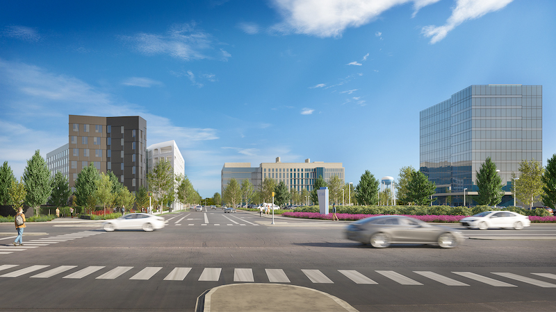 A rendering of the Buccini Pollin Group residential project at the south entrance of the STAR Campus. The complex will feature a pool with outdoor grilling and dining areas, a pickleball court, a fenced dog run, an indoor half-court basketball and fitness center with boxing and yoga spaces, a resident lounge, a communal kitchen and a game room with billiards. A rendering of the Buccini Pollin Group residential project at the south entrance of the STAR Campus. The complex will feature a pool with outdoor grilling and dining areas, a pickleball court, a fenced dog run, an indoor half-court basketball and fitness center with boxing and yoga spaces, a resident lounge, a communal kitchen and a game room with billiards.