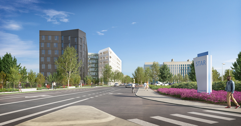 A rendering of the Buccini Pollin Group residential project at the south entrance of the STAR Campus. Once complete, the 235,000-square-foot residential complex will feature studios, one- and two-bedroom apartments ranging from 600 to 1,100 square feet. The two buildings will be connected by a glass skybridge, providing space for a plaza and a residential courtyard. A rendering of the Buccini Pollin Group residential project at the south entrance of the STAR Campus. Once complete, the 235,000-square-foot residential complex will feature studios, one- and two-bedroom apartments ranging from 600 to 1,100 square feet. The two buildings will be connected by a glass skybridge, providing space for a plaza and a residential courtyard.